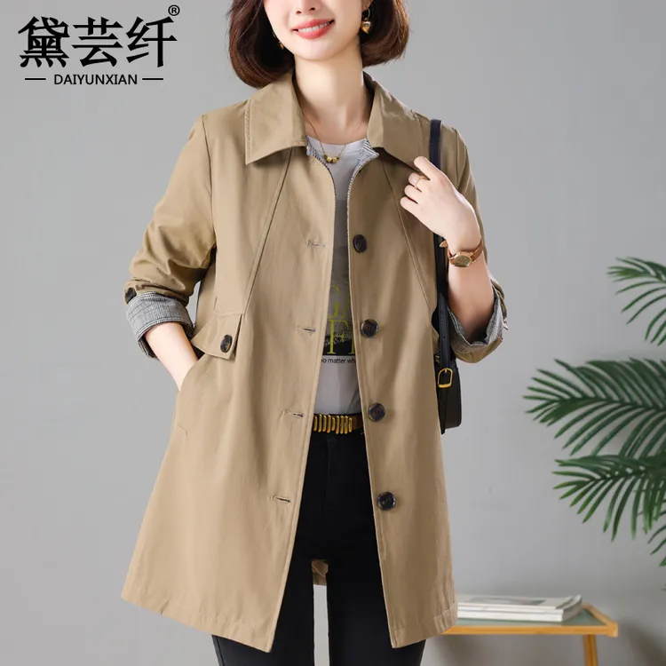 春秋款风衣女中长款2025新款妈妈装大码宽松洋气显瘦外套单排扣