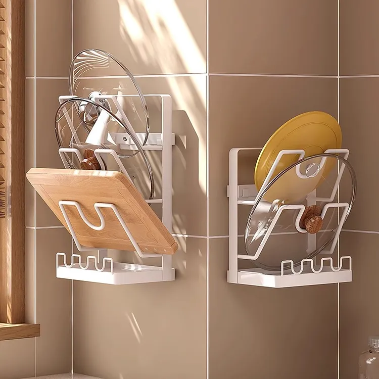 白色锅盖架免打孔厨房置物架多功能放置器壁挂式砧板菜板收纳架子