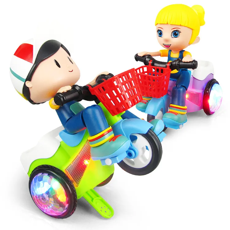 小男孩小女孩有趣电动特技三轮车音乐炫彩灯光旋转发光儿童玩具