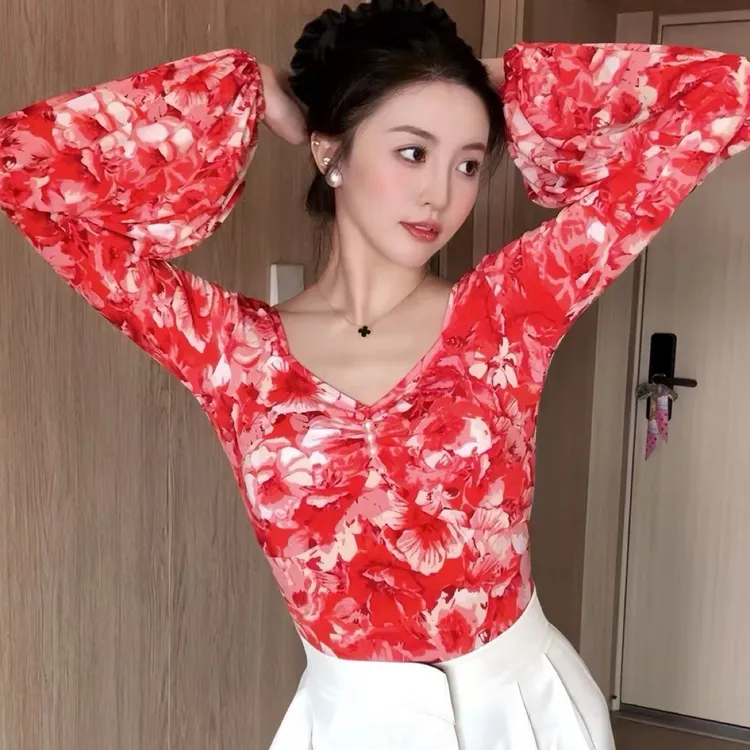 I·RO国标舞服【三千繁花】定制限定花色高弹泡泡袖珍珠练习服长袖