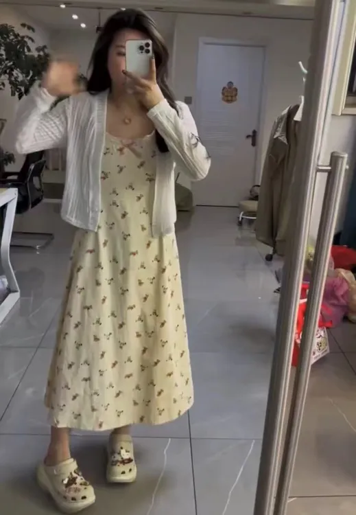 夏季新款甜美风显瘦印花吊带连衣裙开衫两件套