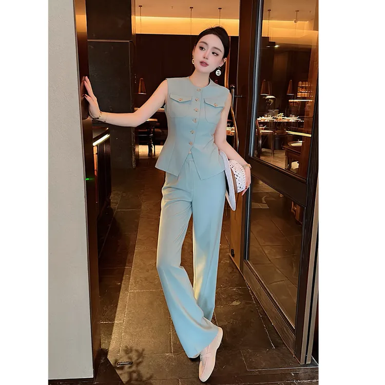 女总裁高端职业装夏季垂顺抗皱时尚蓝色轻奢名媛女神范职业套裤