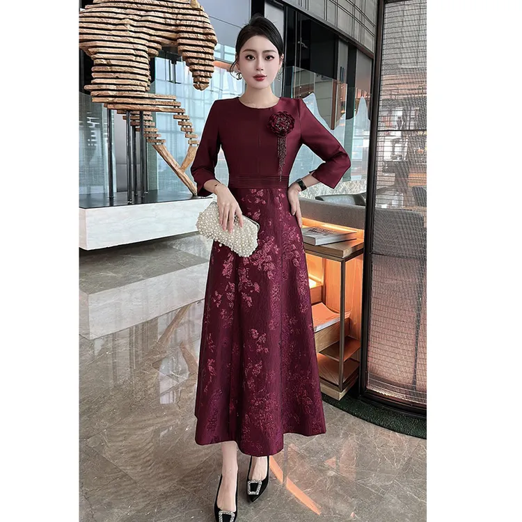 优雅婚礼宴会收腰A摆提花高贵显瘦礼服婚宴连衣裙秋冬喜婆婆裙子