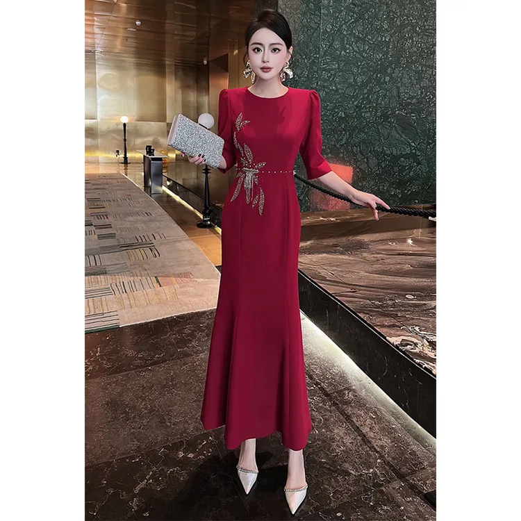 喜婆婆喜妈妈婚礼服高端婚庆服奢华订钻修身鱼尾连衣裙大码女装