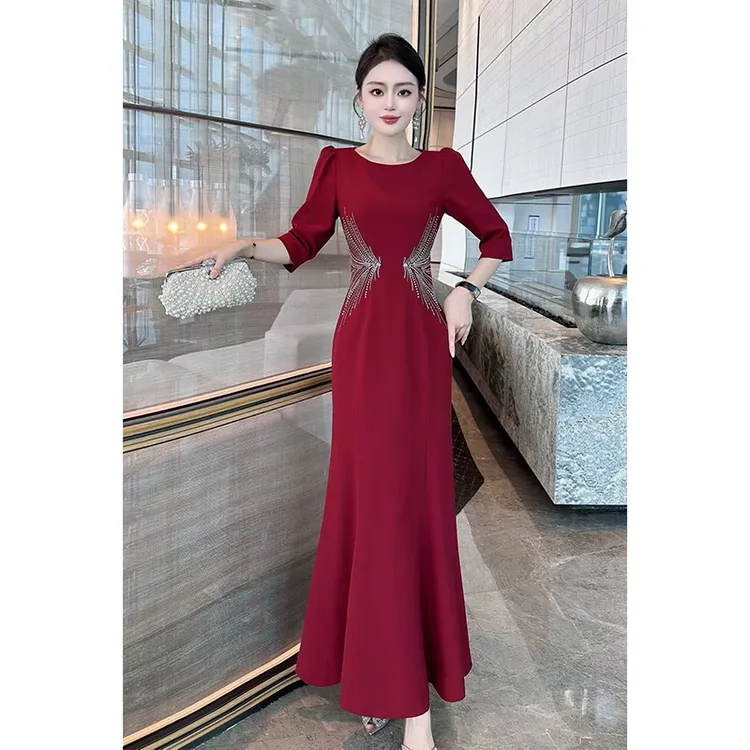 重工订钻修身晚宴婚礼晚会礼服长裙优雅鱼尾红色连衣裙春秋冬女装