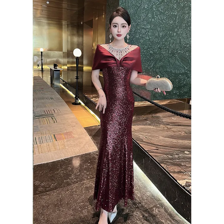 订钻奢华喜婆婆喜妈妈婚礼宴会修身鱼尾长裙礼服服装连衣裙女