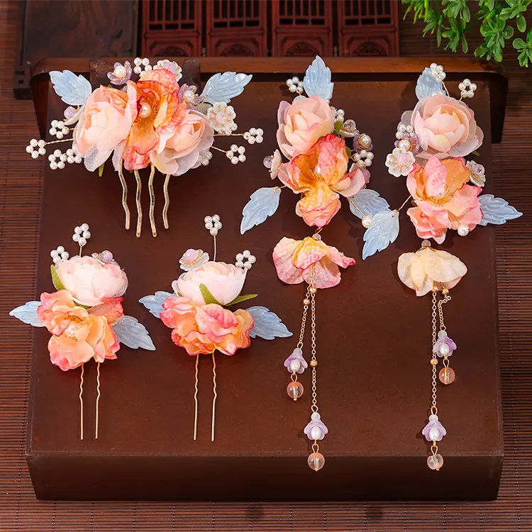 古风汉服头饰月季花套装仙气绢花发饰森系花朵发钗插梳日常五件套