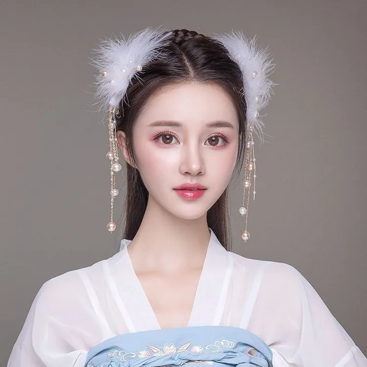 古风汉服头饰边夹超仙流苏羽毛夹子发饰毛毛发夹对夹仙女森系发饰