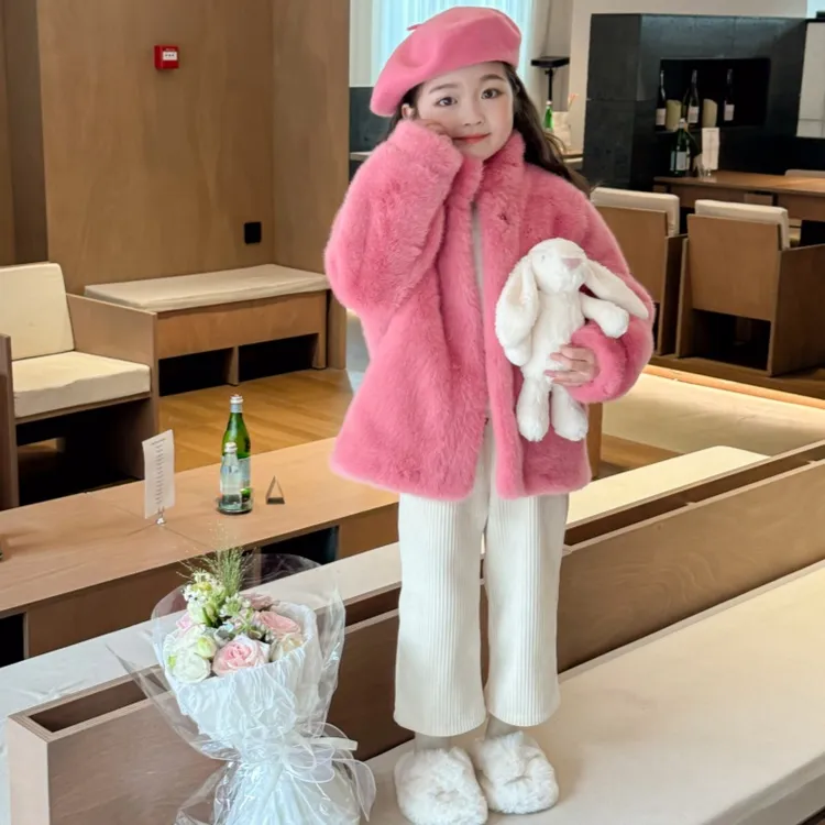 女童仿水貂绒皮毛一体外套立领加厚儿童环保皮草短款宝宝毛毛冬装