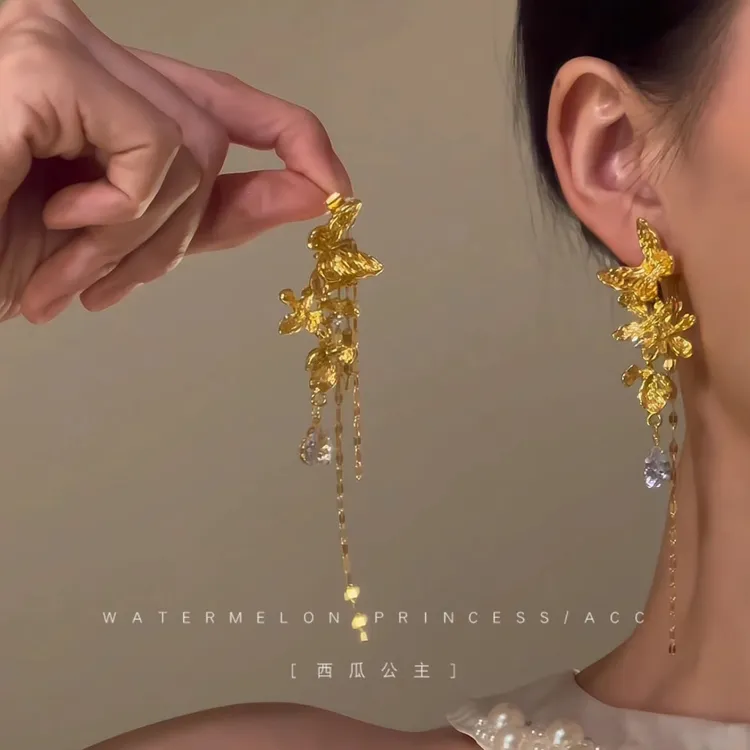 「月蝶鎏金」金色蝴蝶耳环女高级感流苏耳坠液态金属复古轻奢耳饰