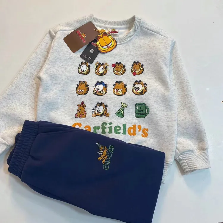 【加菲猫加绒+秋款】2024新款外贸儿童刺绣卡通图案时尚休闲套装