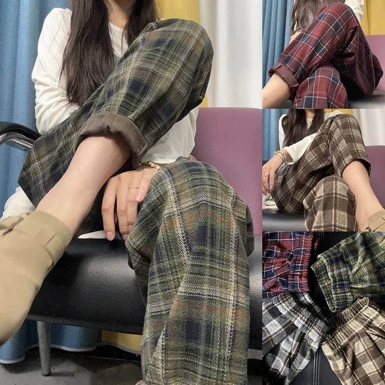 瑶曼2024秋冬新款韩版复古百搭毛呢格子裤高腰宽松显瘦哈伦裤女