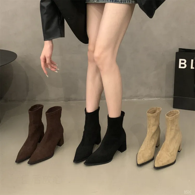 高跟黑色瘦瘦靴年秋冬韩系裸靴子炸街小新款短靴女鞋2024绒面尖头