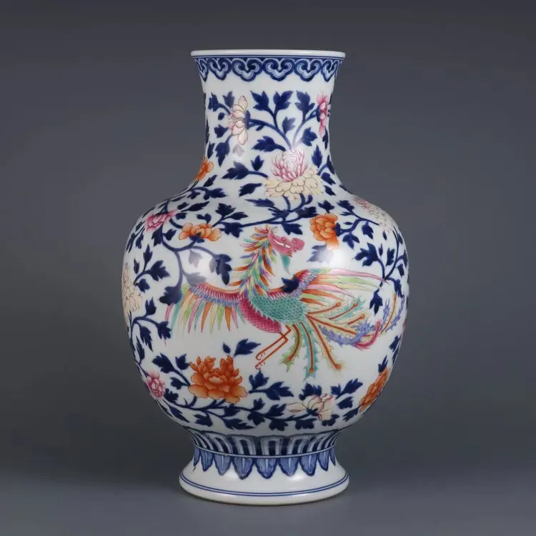 青花加彩双凤穿花纹灯笼尊瓶陶瓷摆件