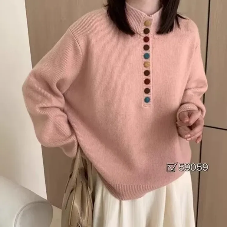 立领彩虹扣宽松软糯长袖套头毛衣秋冬气质保暖显瘦绵羊毛毛衣T213