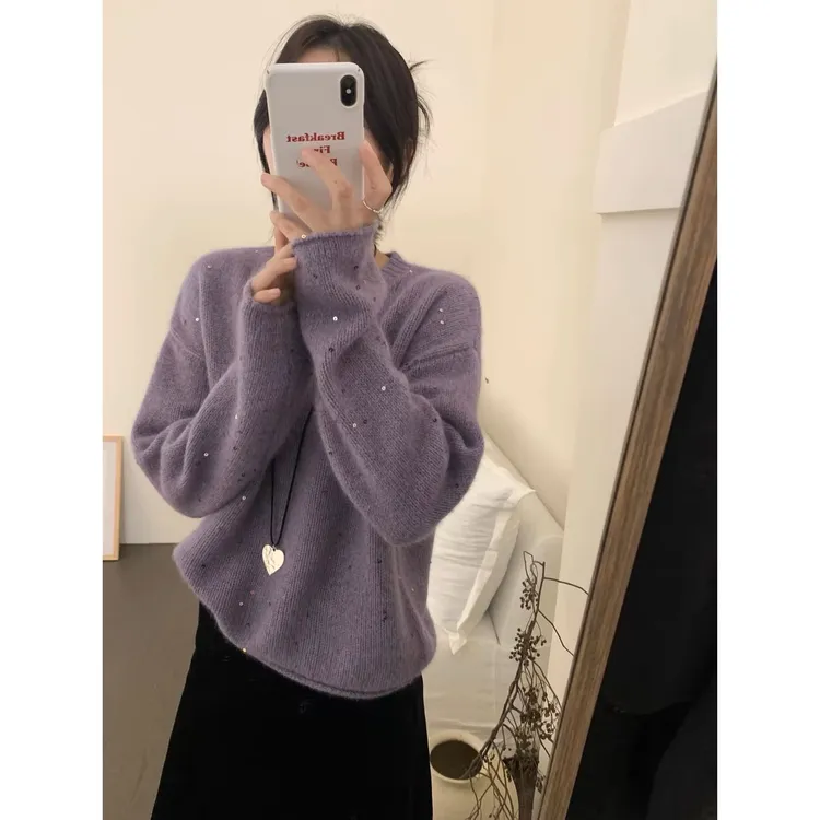 亮片圆领宽松慵懒风针织衫欧洲站秋冬新款女时尚百搭毛衣