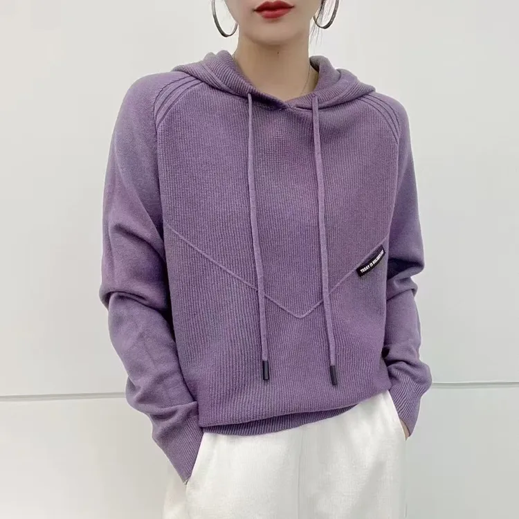 休闲减龄连帽抽绳毛衣女秋季韩版宽松时尚外穿长袖针织衫卫衣