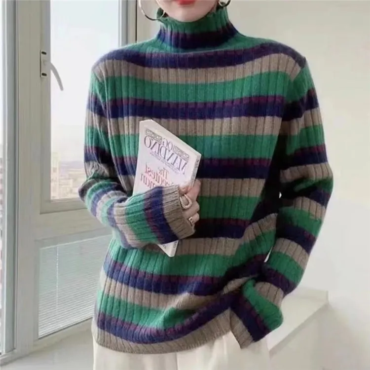 运费补贴！彩虹条纹软糯针织打底衫女时尚百搭显瘦半高领毛衣A120