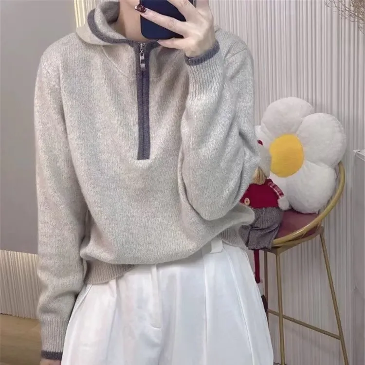 女士加厚浣熊羊毛连帽毛衣冬季新款半拉链针织打底衫秋冬内搭上衣