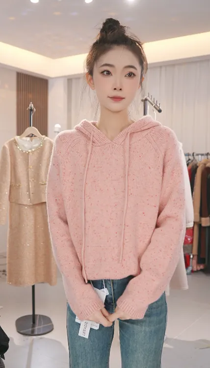 纯色连帽针织衫毛衣外套女绵羊毛加厚宽松慵懒风软糯打底帽衫上衣