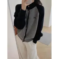 撞色圆领针织开衫外套女欧洲站欧货韩系风长袖针织衫毛衣潮A102