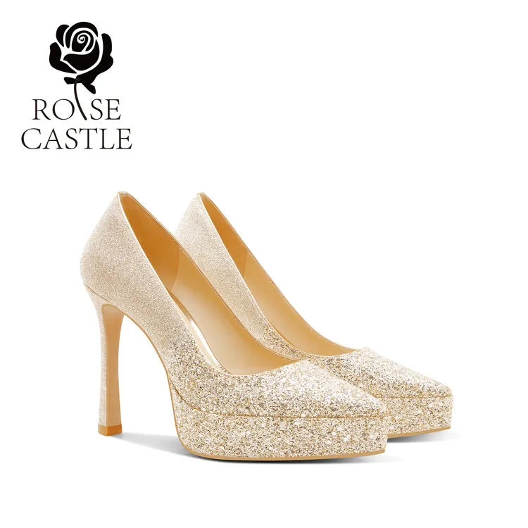 rosecastle金色婚鞋女新娘鞋秀禾婚纱可穿防水台高跟鞋订婚礼服鞋