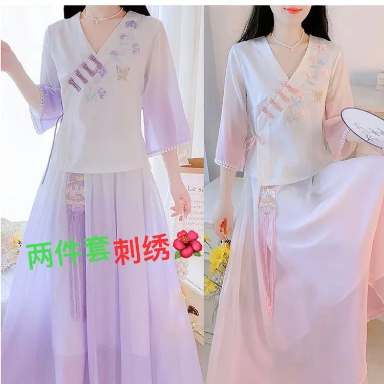 2023夏季刺绣V领五分袖盘口改良旗袍上衣+雪纺半身裙两件套