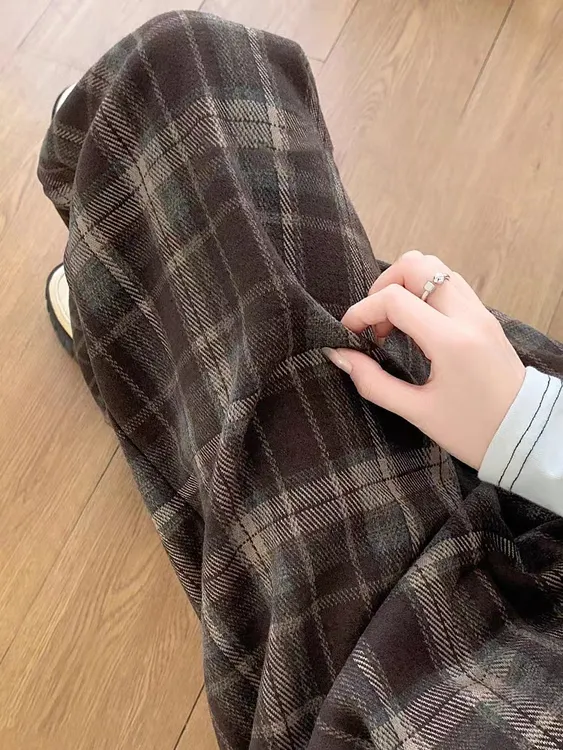 秋冬季新款高腰毛呢格纹阔腿直筒裤加绒加厚宽松显瘦百搭休闲裤