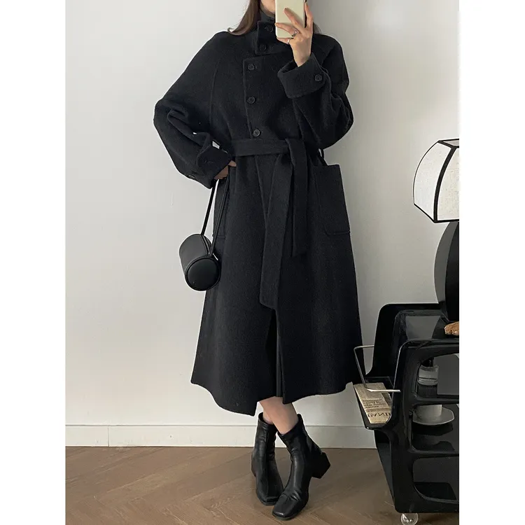 长款外套厚款韩式休闲风立领半扣双面羊毛大衣外套1022