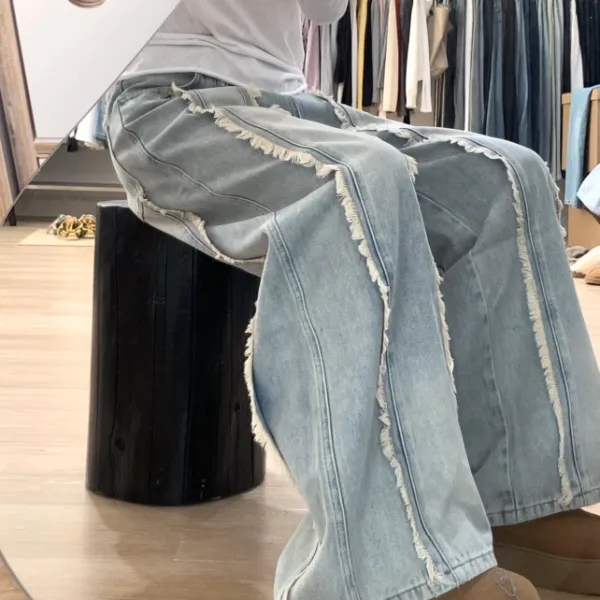 春款上新流苏毛边牛仔裤女高腰设计感做旧宽松镰刀裤拖地阔腿裤