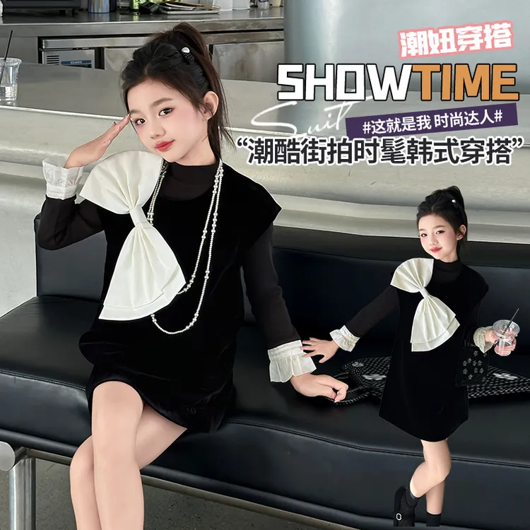 巴拉巴拉裙子生日裙童丝礼服裙春秋装新款中大儿童洋气长袖女童黑