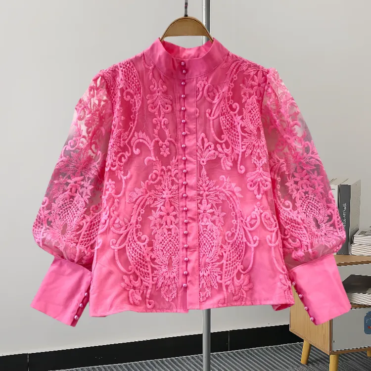 精致洋气复古宫廷风气质灯笼立领单排扣蕾丝衬衫女休闲洋气上衣女