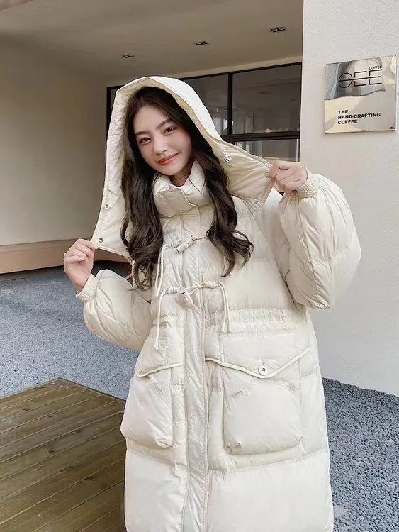 新款韩版收腰显瘦加厚过膝时尚连帽羽绒服冬季百搭中长款外套网红