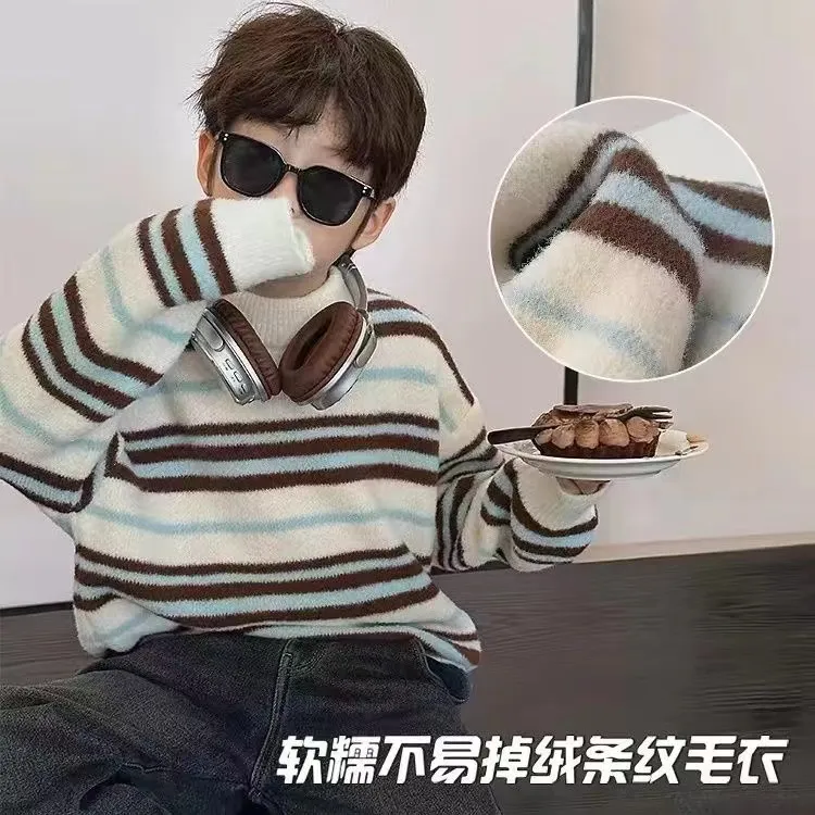 男童加厚韩国绒毛衣2025冬装新款秋冬儿童条纹针织衫套头上衣洋气