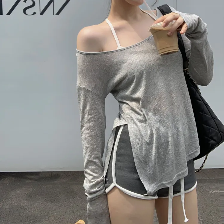 辣妹防晒罩衫白色长袖T恤女装夏季纯欲宽松休闲斜肩微透薄款上衣