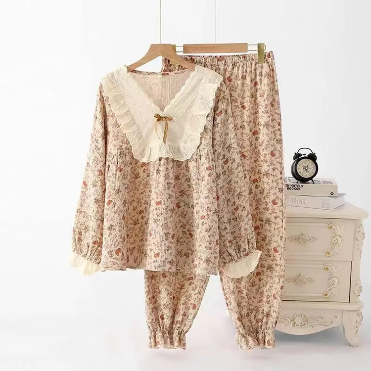 直播福利款/V领玫瑰花园纯棉蕾丝碎花长袖韩版宽松甜美睡衣女套装