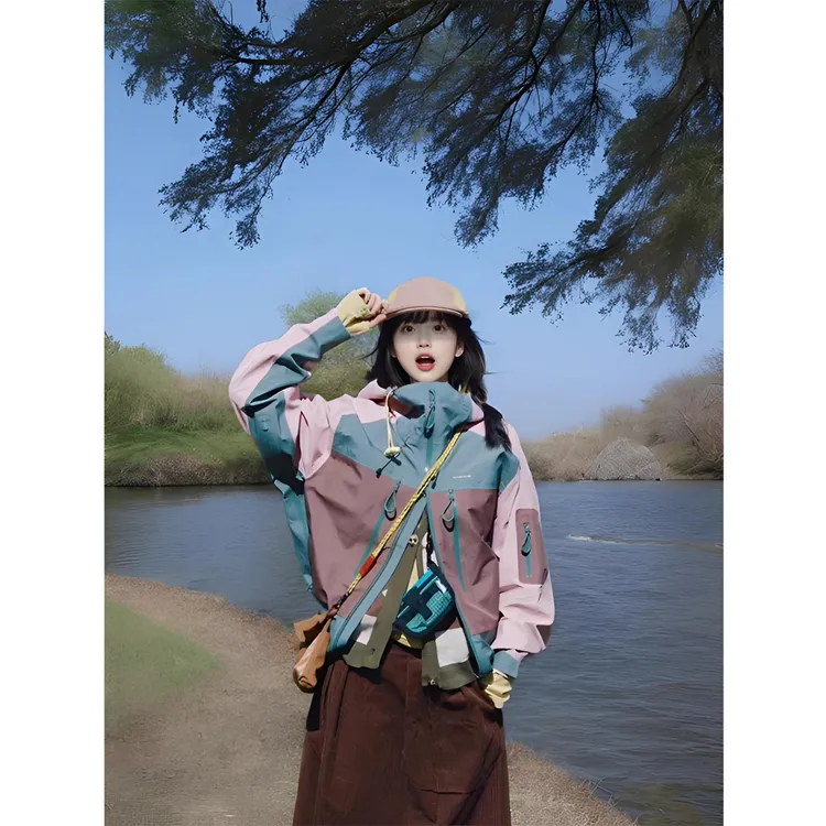 芙沿山系拼色冲锋衣外套女2025春秋新款美式户外三合一防风登山服
