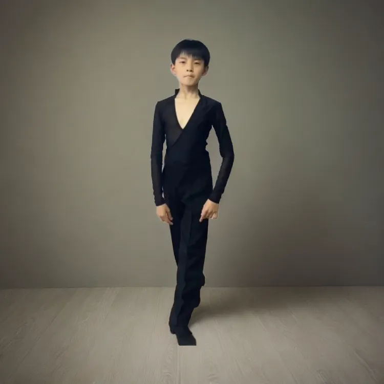 QIQIGE春秋拉丁舞蹈男士男孩男童黑色长袖练功服比赛服体育舞蹈服