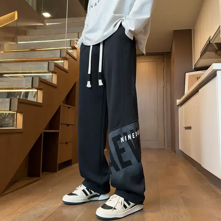 秋冬季加绒休闲裤男款宽松直筒长裤青少年加厚保暖渐变运动卫裤男