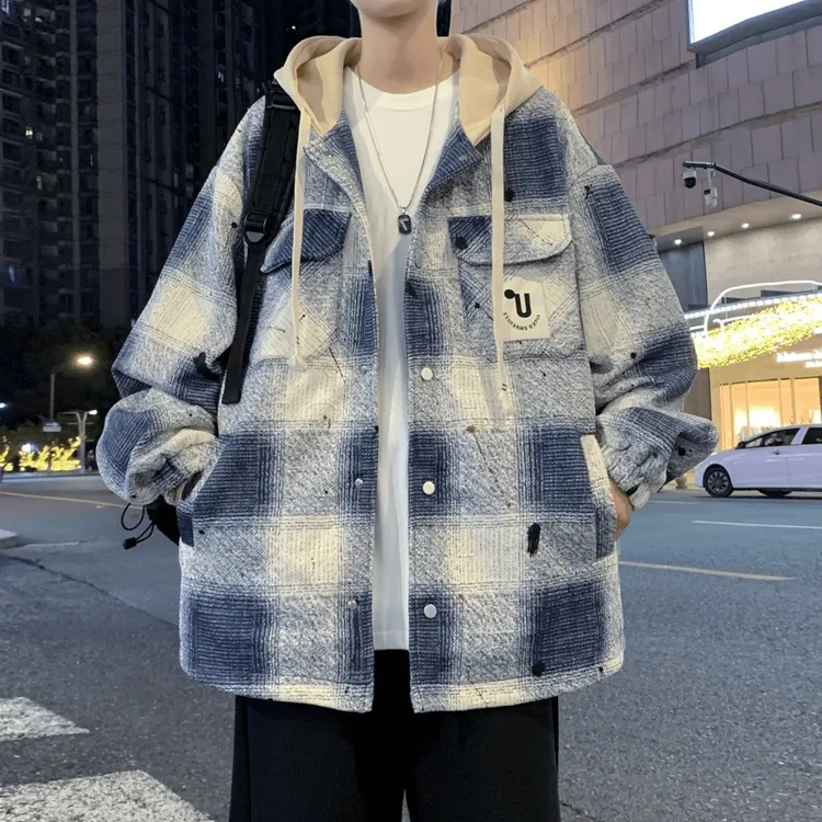 2024秋季新款港风潮流青少年学生连帽男夹克宽松休闲帅气格子外套