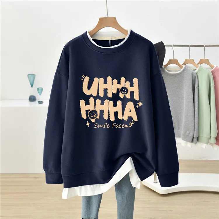 大码胖mm假两件圆领卫衣女秋冬宽松oversize加绒中长款遮肚子上衣