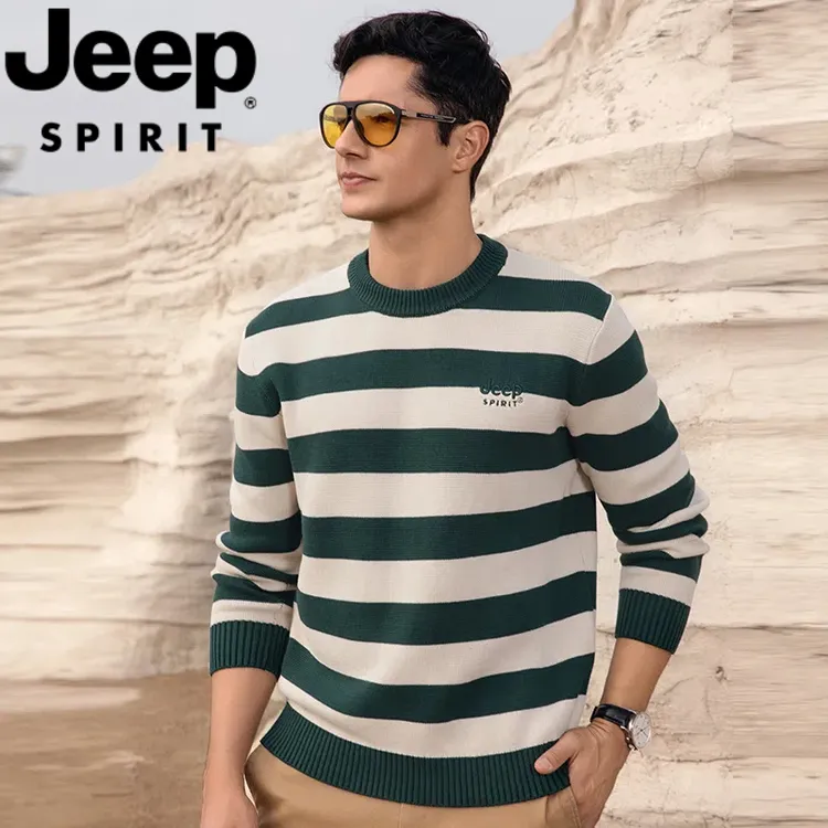 JEEP吉普秋冬季毛衣男士纯棉条纹打底衫保暖针织衫圆领套头毛线衣