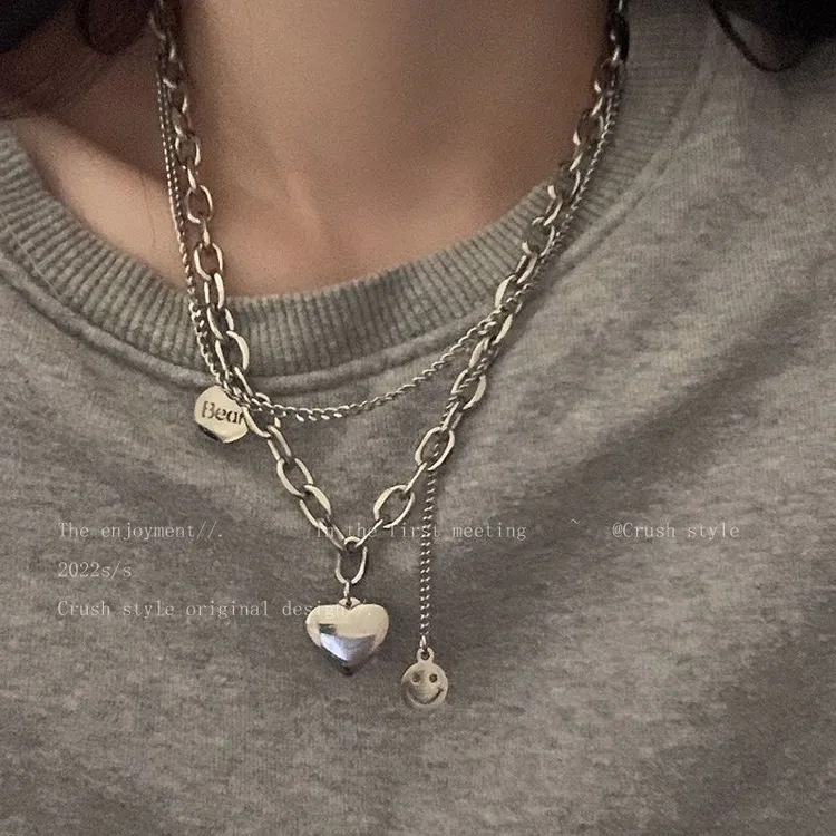 甜酷辣妹~钛钢不掉色笑脸爱心卫衣项链女秋配饰ins嘻哈百搭毛衣链