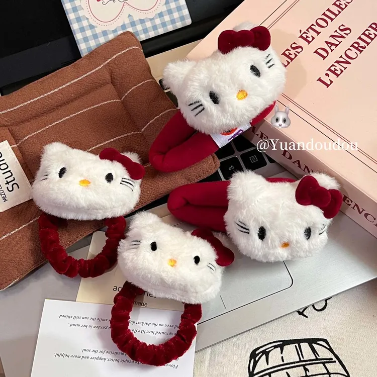 可爱毛绒Kitty甜美安可拉红系蝴蝶结发夹少女刘海卡通BB发饰