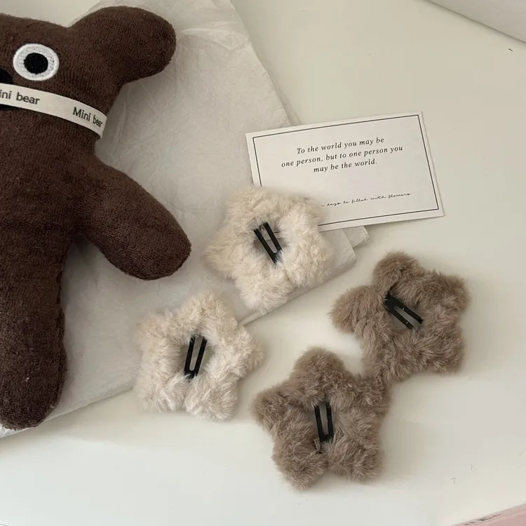 秋冬毛茸茸米咖简约星星BB夹ins少女毛绒五角星边夹可爱发饰发卡