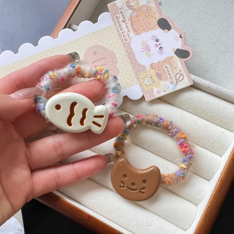 日系咖色猫鱼板发圈新款ins少女心可爱发卡百搭日系刘海卡通头饰