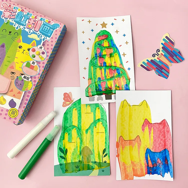 儿童彩虹刮画本点彩刮刮画diy绘画趣味书签手工画刮画纸明信片