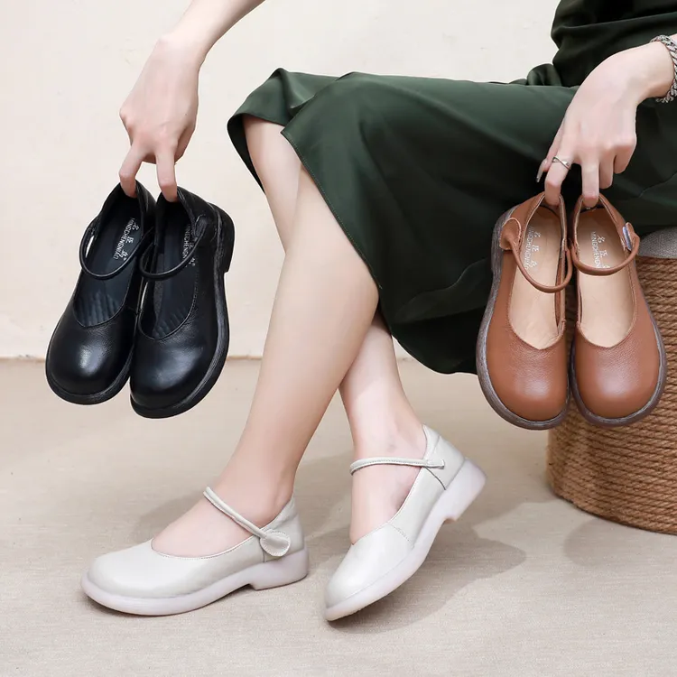 春夏新款头层牛皮平底女鞋软面软底一字带单鞋女厚底真皮妈妈鞋