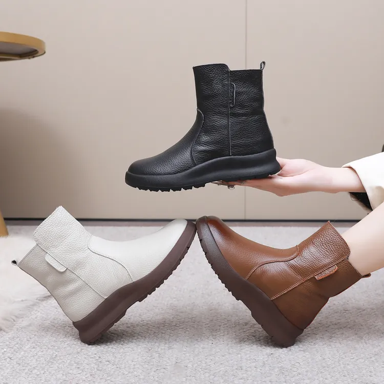 头层牛皮厚底保暖短靴女软面软底皮毛一体妈妈鞋棉鞋防滑中年女鞋