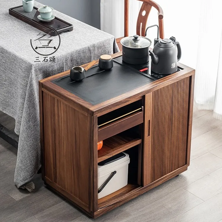 北欧风胡桃木茶水柜实木边柜烧水柜一体置物架移动茶几边几小茶桌
